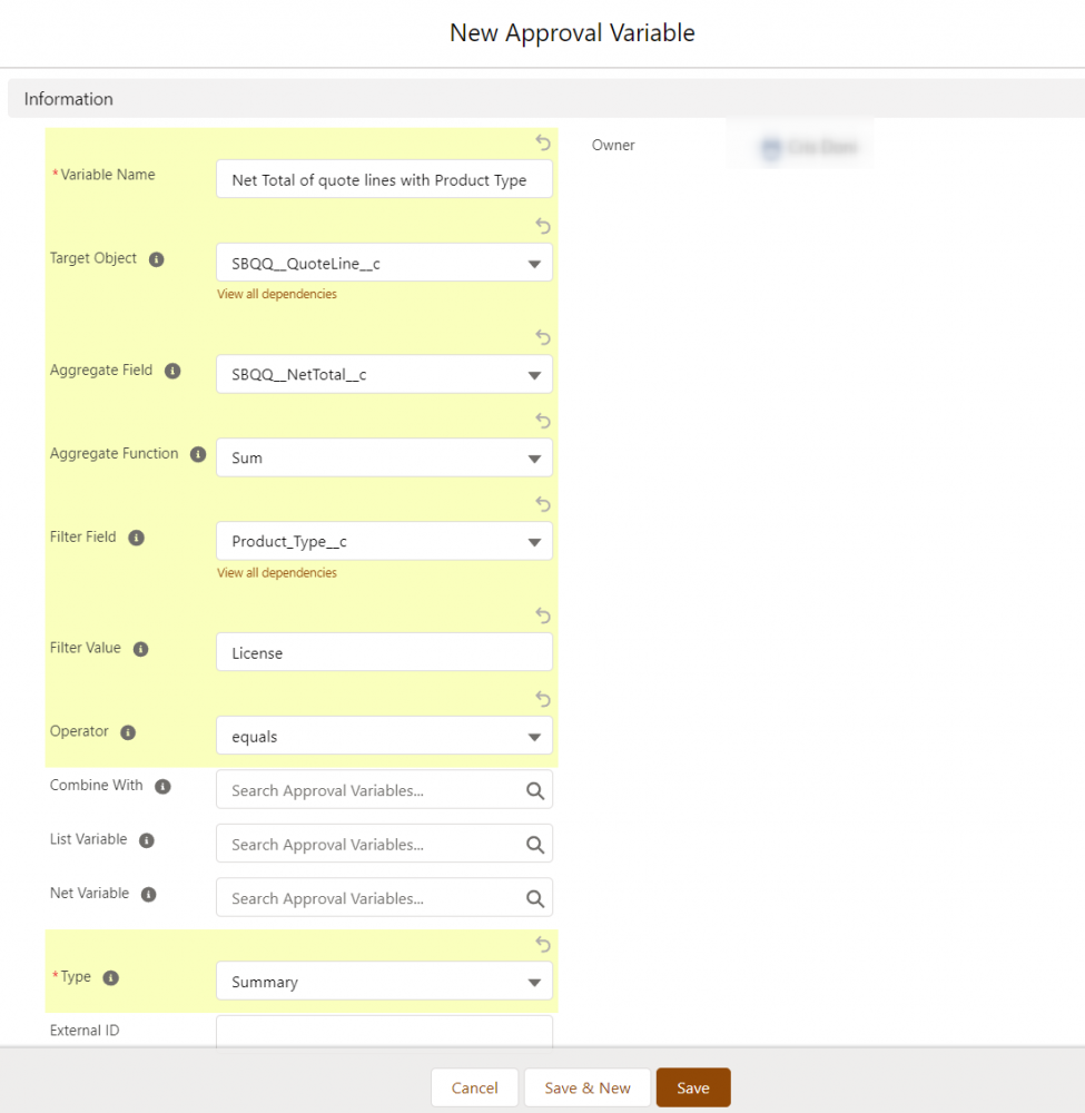 CPQ Approval Variable with type summary