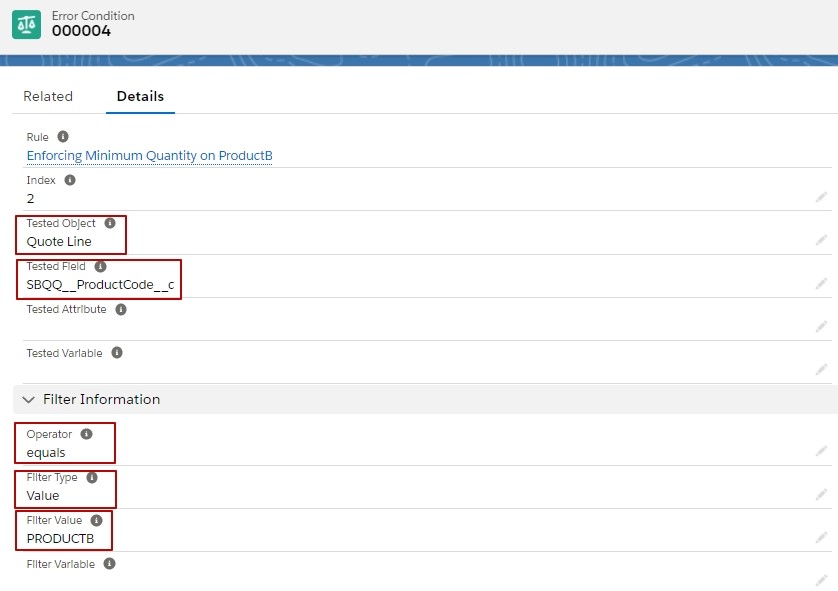 Salesforce CPQ Product Quantity Erorr Condition Details