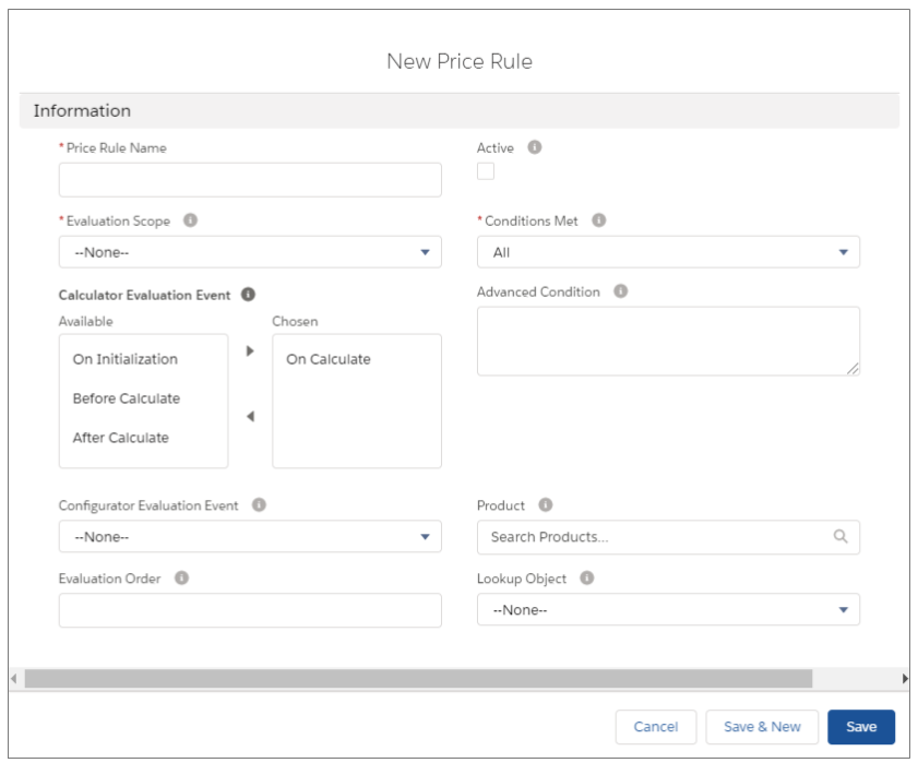 Salesforce CPQ New Price Rule Details