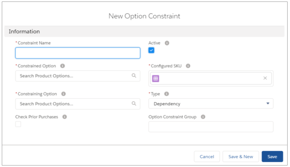 Salesforce CPQ Option Constraint Information Fields Picklists and Checkboxes