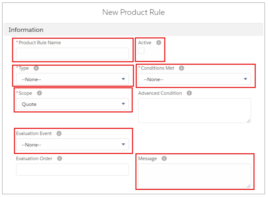 Salesforce CPQ New Product Rule Information Fields,Picklists and Checkboxes