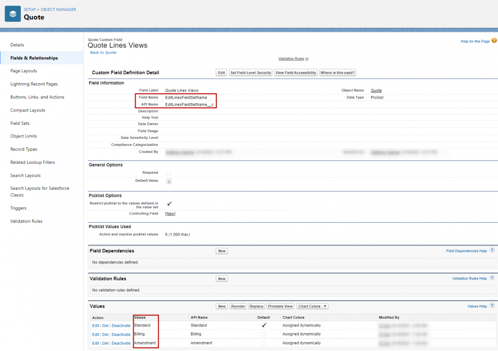 Salsesforce Revenue Cloud Quote Line View picklist field on Quote Object