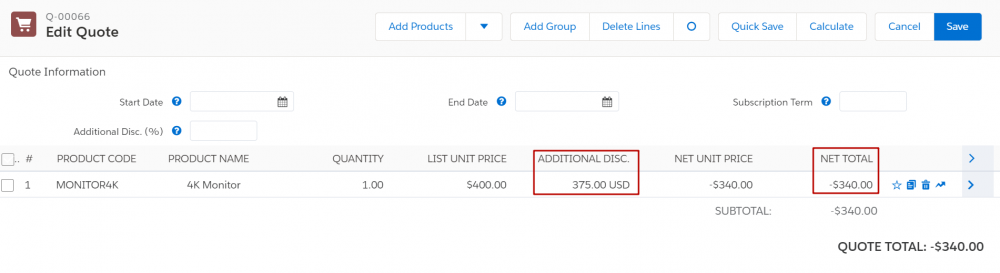 Salesforce Reveune Cloud Additional Discount on Quote Line Editor field