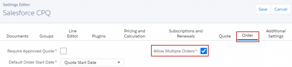 Salesforce CPQ Allow Multiple Orders on Settings Editor