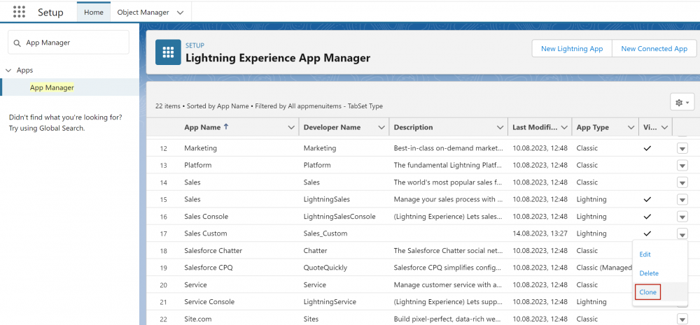 Salesforce Summer 2023 release Clone action button in App Manager