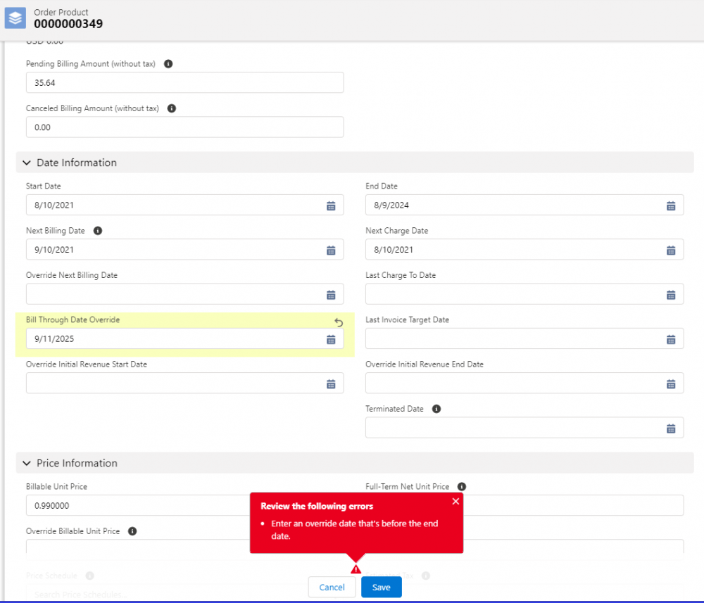 Salesforce Revenue Cloud Validation Rule for Bill Through Date Override field