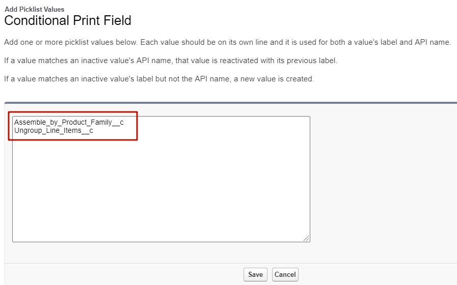 Salesforce CPQ Conditional Print Field new Picklist Values