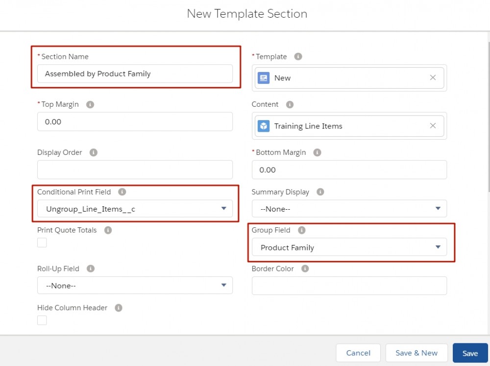 Salesforce CPQ Template Section Fields and Checkboxes