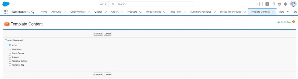 Salesforce CPQ Template Content types for Quote