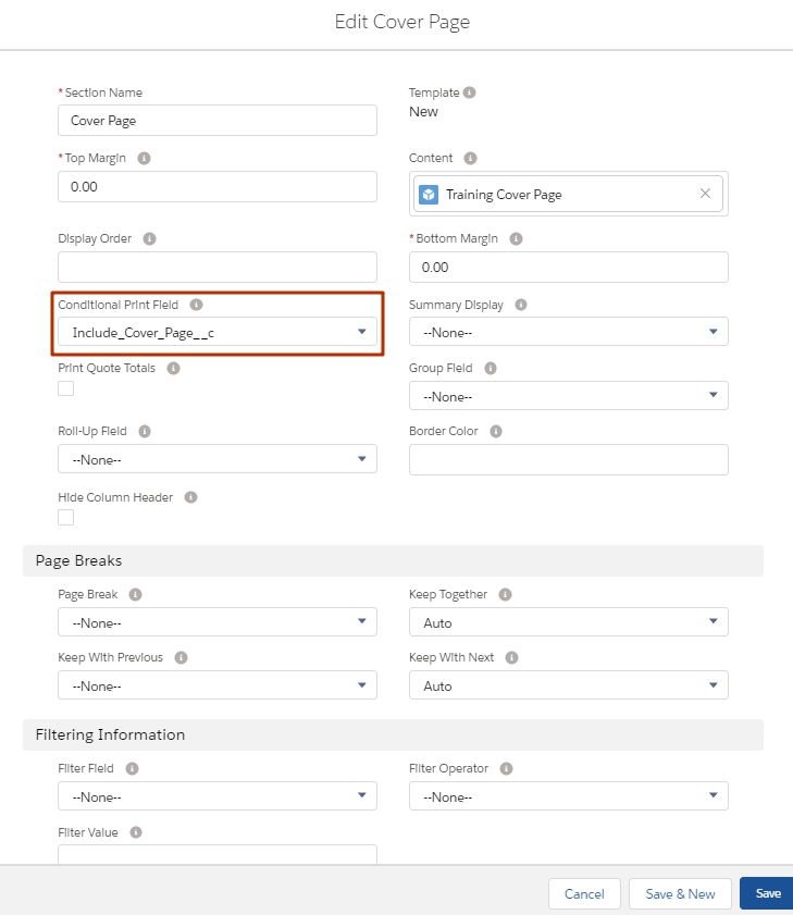 Salesforce CPQ Cover Page Template Section Fiedset