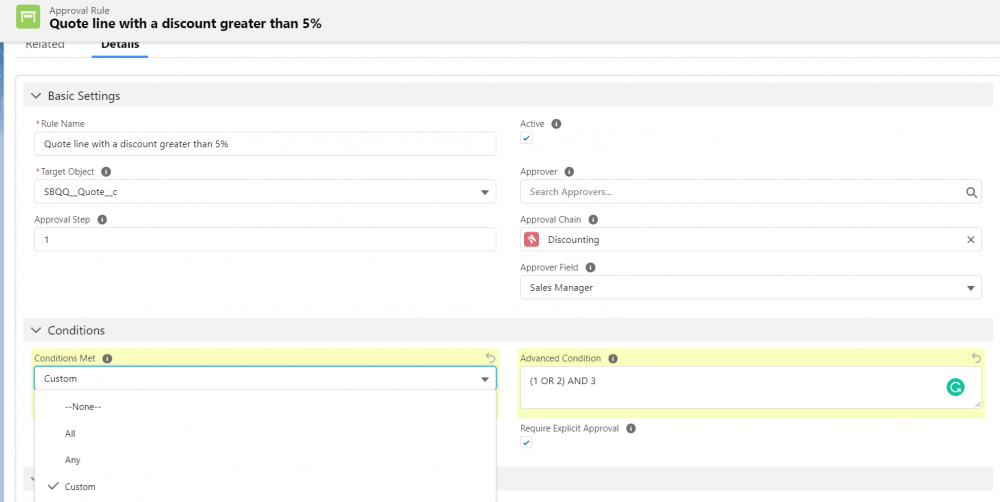 CPQ Condition fields on Approval Rule
