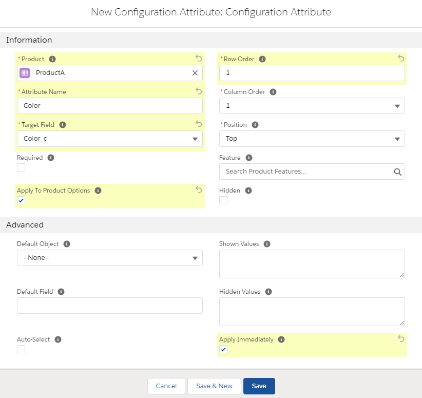 CPQ Configuration Attributes Fields