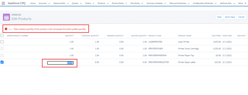 Salesforce CPQ, Edit Products, Error of total ordered quantity