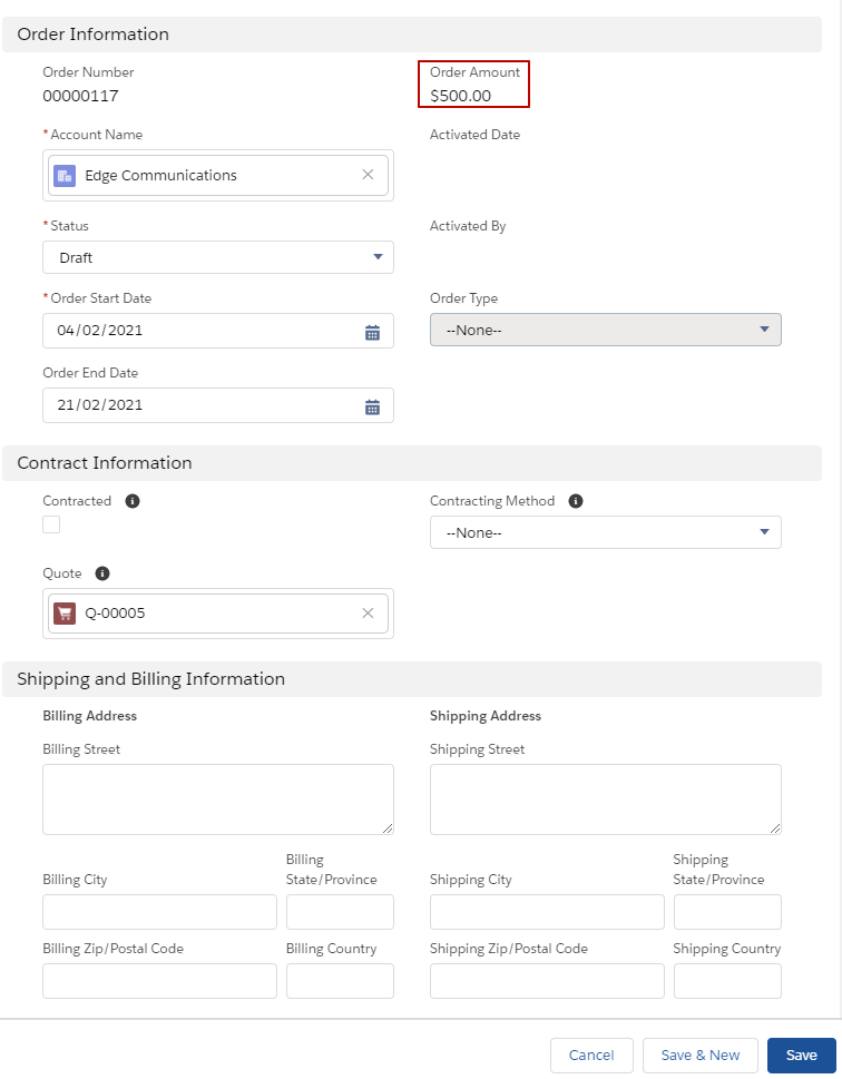 Salesforce CPQ Order Information and Contract Information Fields