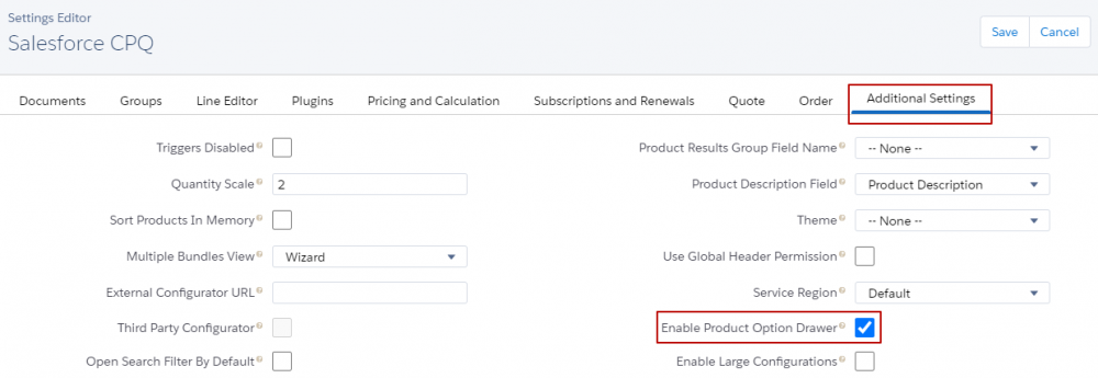 Enable Product Option Drawer on CPQ Settings Editor
