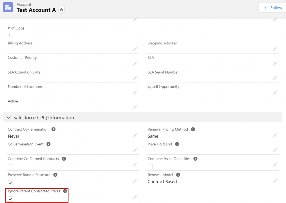 Salesforce Revenue Cloud Ignore Parent Contracted Prices Checkbox