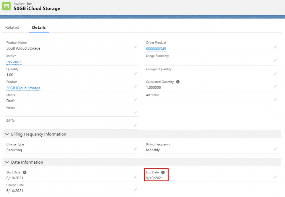 Salesforce Revenue Cloud Invoice Line End Date field