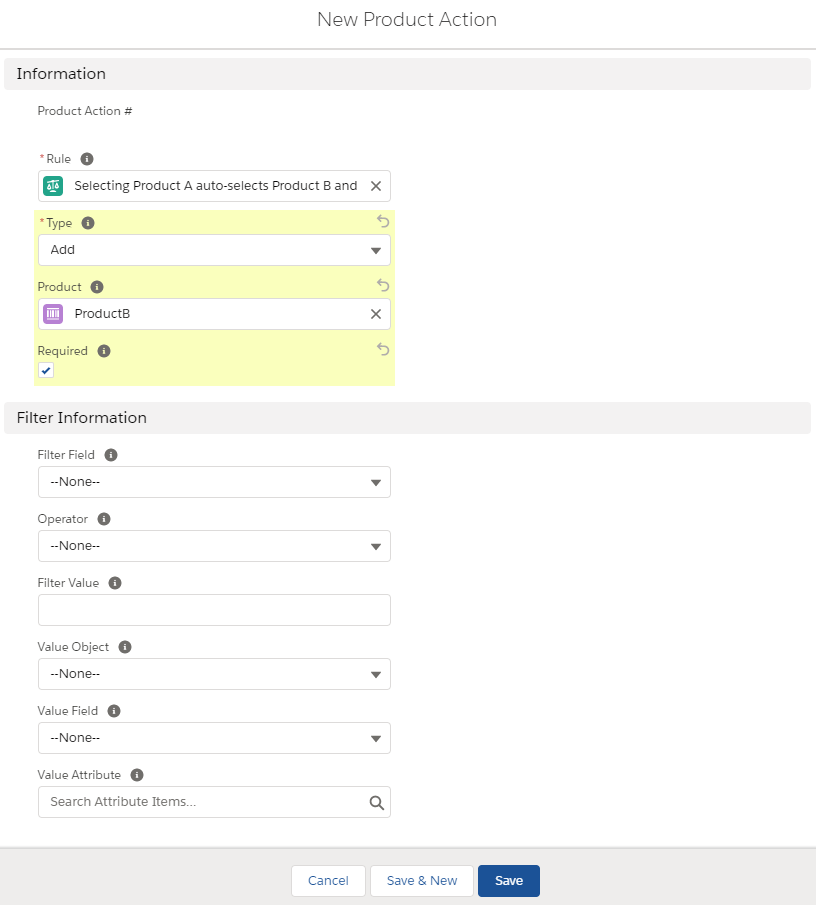 Salesforce CPQ Rule Action for Product Selection Rule