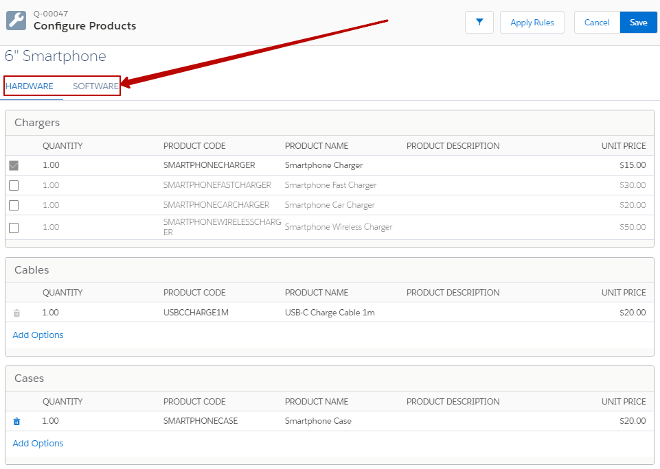 CPQ Product Feature Categories on Configure Products Layout