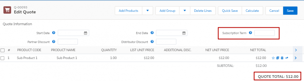 CPQ Product without subscription term on Quote Line Editor