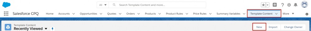 Salesforce CPQ Menu Tabs and Recently Viewed Template Content Buttons