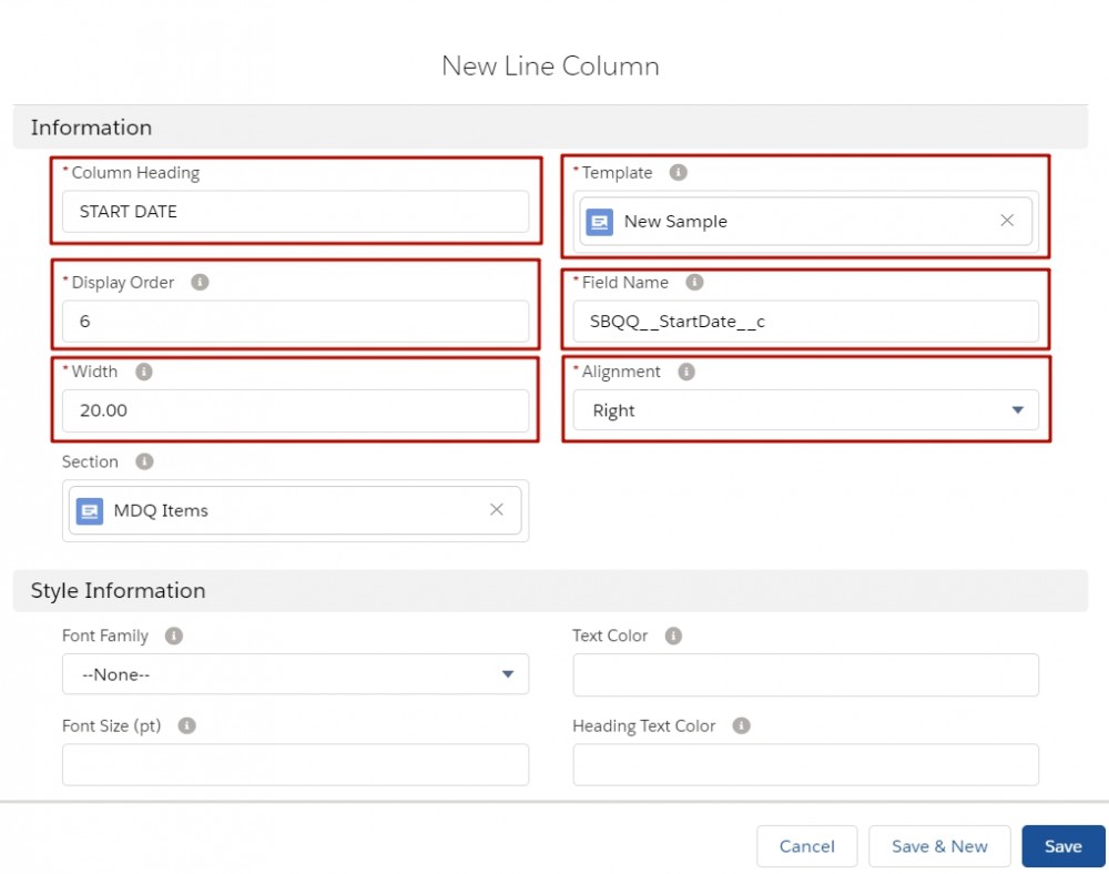 Salesforce CPQ New Line Column Information and Style Information Fields
