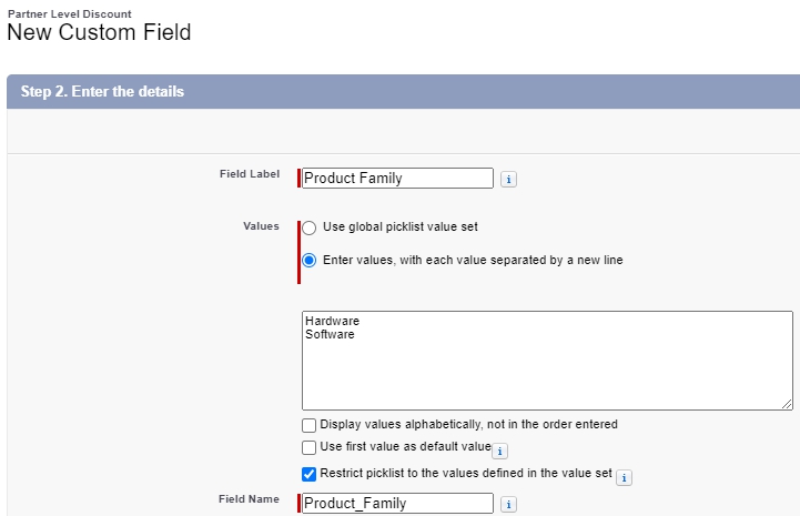 Salesforce CPQ Custom Field-Product Family Labels and Checkboxes