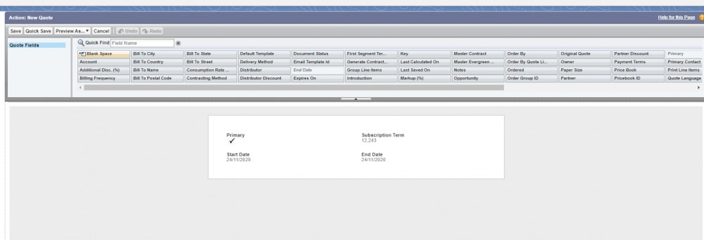 Salesforce CPQ New Quote Action Fields