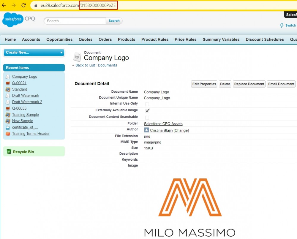 Salesforce CPQ Company Logo Document Detail Fields and Buttons