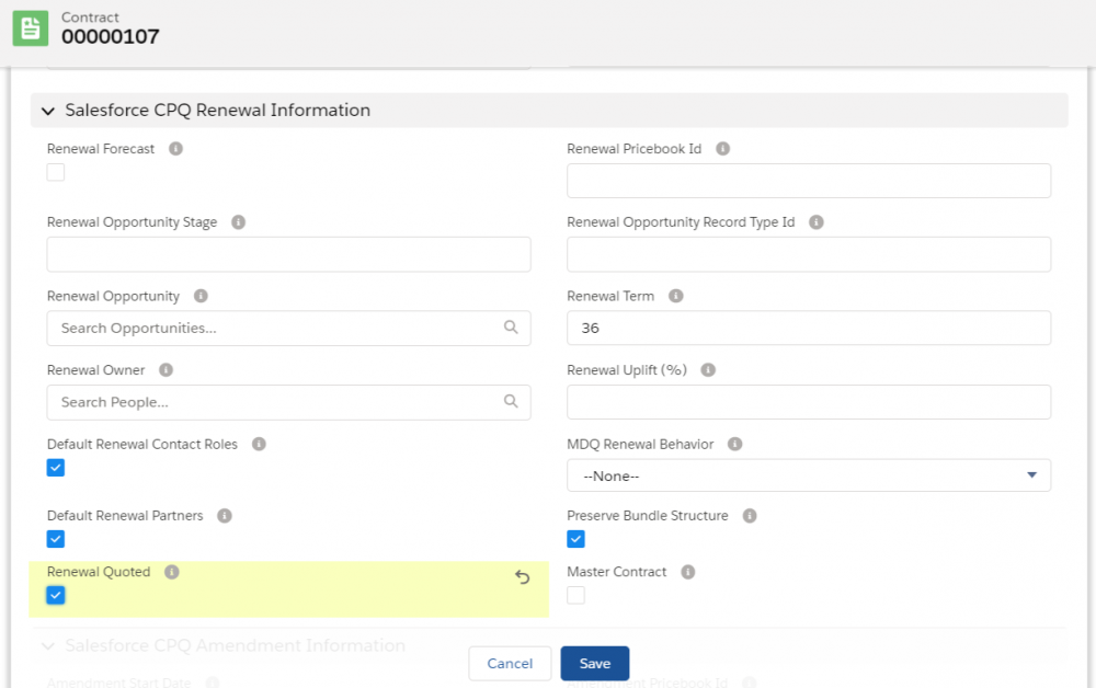 Salesforce CPQ Contract Fields,Picklists and Checkboxes