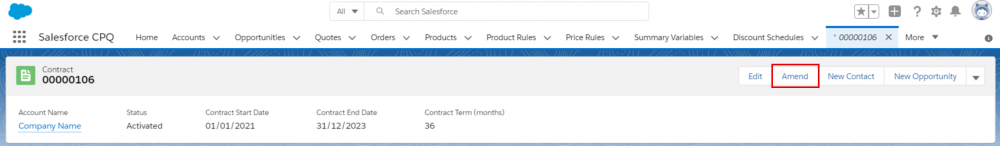 Salesforce CPQ Menu Tabs,Contract Information and Options including Amend 