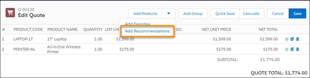 Salesforce CPQ Add Recomendations Option On Quote Line Editor