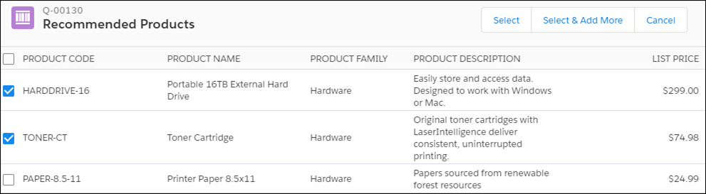 Salesforce CPQ Recommended Products Page with Specified Products