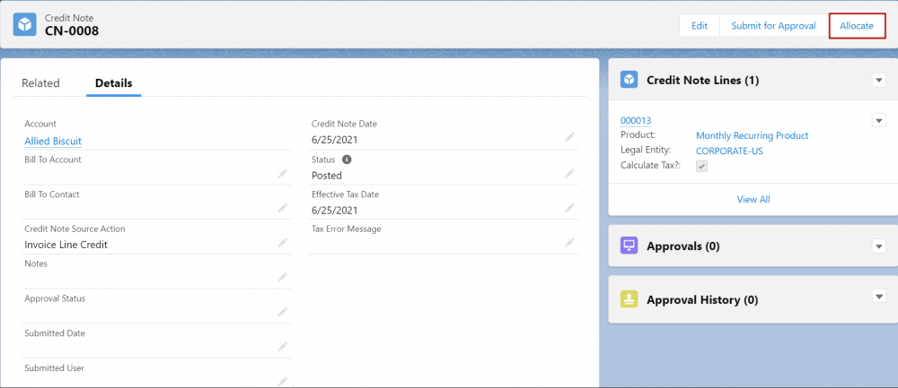 Salesforce Revenue Cloud  Allocate button on Credit Note