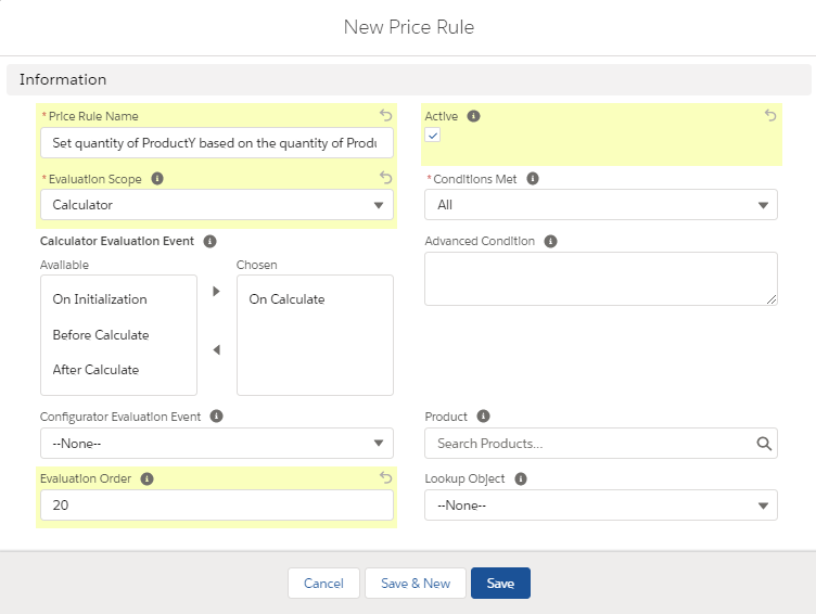 Salesforce CPQ New Price Rule Options on Information Body