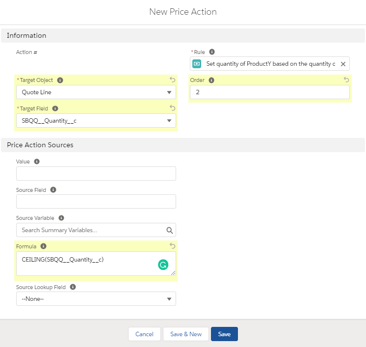 Salesforce CPQ New Price Action Information Details
