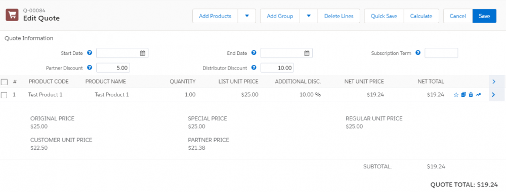 CPQ Price Waterfall for Test Product 1 on Quote Line Editor