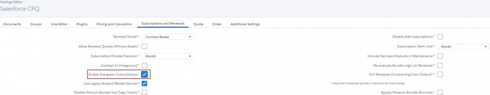 Salesforce CPQ Subscription and Renewals Options on CPQ Package Settings Editor