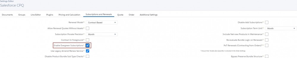 Salesforce CPQ Subscription and Renewals Options on CPQ Package Settings Editor