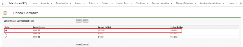 Salesforce CPQ, Select Master Contract