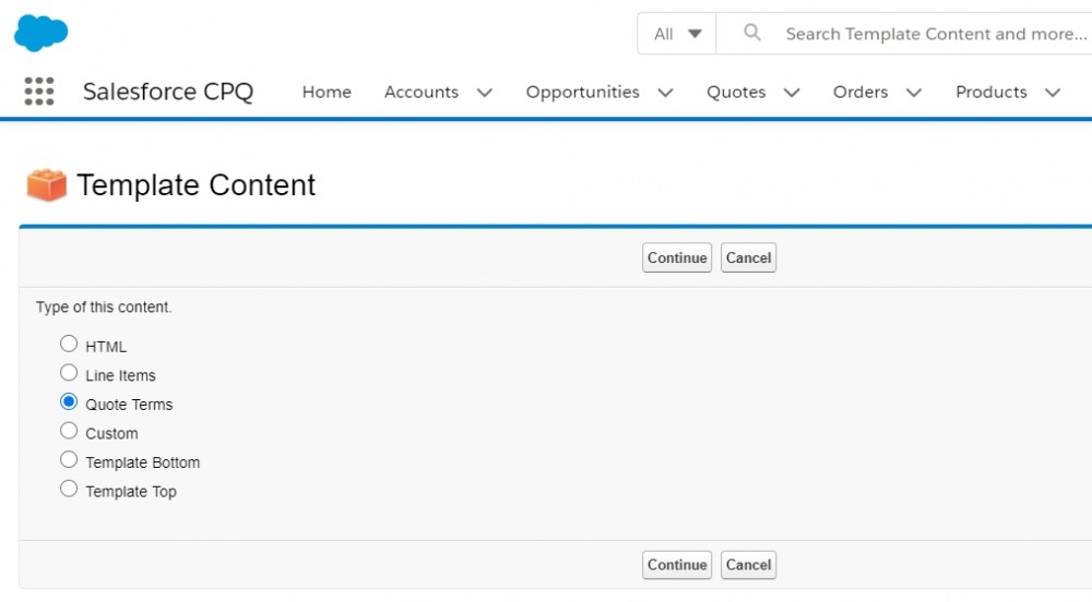 Salesforce CPQ Template Content Types for Quotes